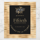 Gold Black Florals Name 50th Birthday Party Wijn Etiket (Enkel label)