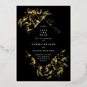 Gold Black Folie Botanische foto bewaart de datum Folie Uitnodiging (Voorkant)
