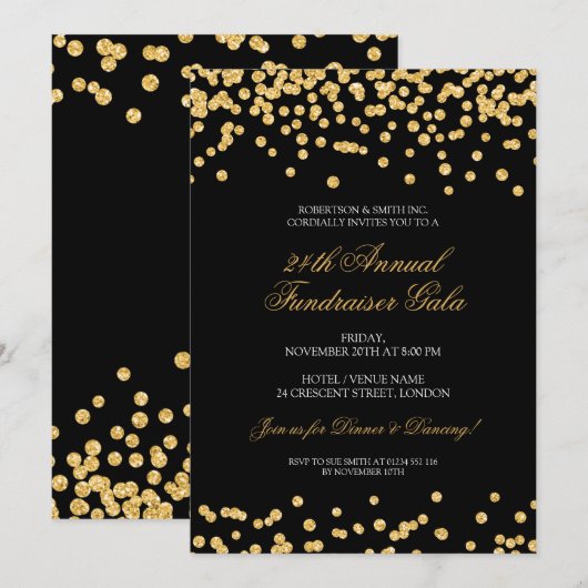 Gold & Black Formal Corporate Fundraiser Glitter Kaart (Voorkant / Achterkant)