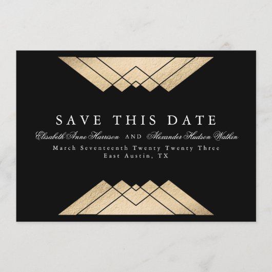 Gold Black Geometric Gatsby Folie sparen de datum Aankondiging (Voorkant)