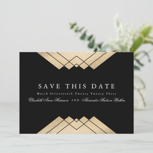 Gold Black Geometric Gatsby QR Code Save the Date Kaart (Staand voorkant)