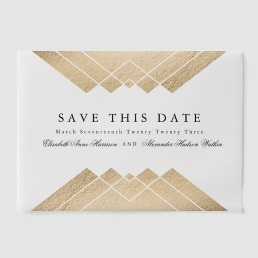 Gold Black Geometric Gatsby Sla de datum op Vellum Uitnodigingen (Voorkant)