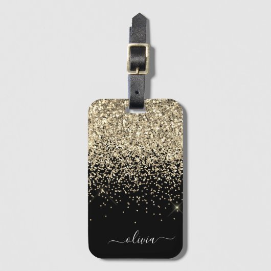 Gold Black Girly Glitter Sparkle Monogram Naam Bagagelabel (Voorkant (verticaal))