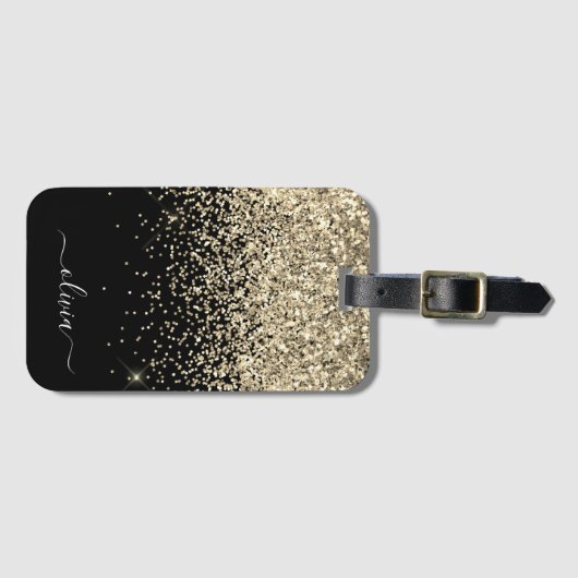 Gold Black Girly Glitter Sparkle Monogram Naam Bagagelabel (Voorkant (horizontaal))