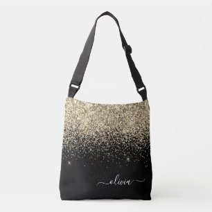 Gold Black Girly Glitter Sparkle Monogram Naam Crossbody Tas