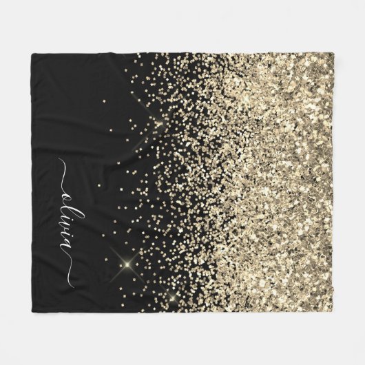 Gold Black Girly Glitter Sparkle Monogram Naam Fleece Deken (Voorkant (Horizontaal))