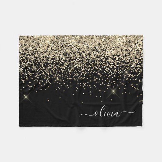 Gold Black Girly Glitter Sparkle Monogram Naam Fleece Deken (Voorkant (Horizontaal))