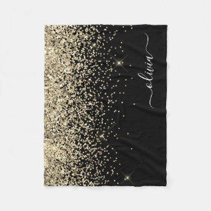 Gold Black Girly Glitter Sparkle Monogram Naam Fleece Deken