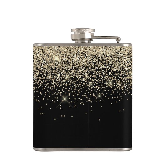 Gold Black Girly Glitter Sparkle Monogram Naam Heupfles (Achterkant)