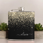 Gold Black Girly Glitter Sparkle Monogram Naam Heupfles