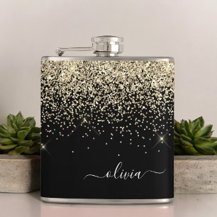 Gold Black Girly Glitter Sparkle Monogram Naam Heupfles