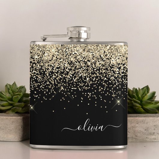 Gold Black Girly Glitter Sparkle Monogram Naam Heupfles
