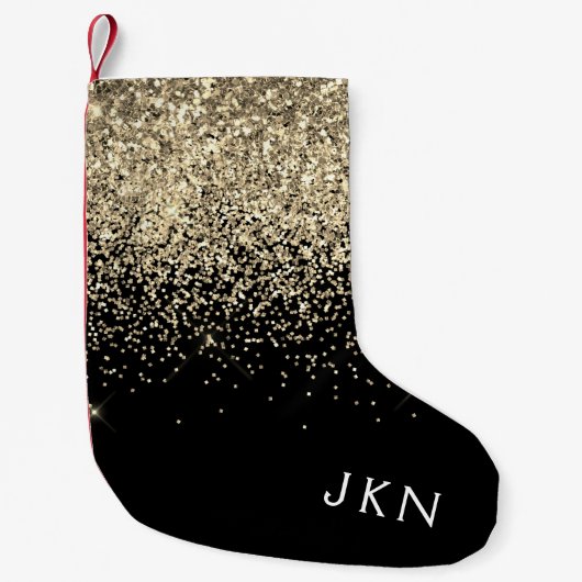 Gold Black Girly Glitter Sparkle Monogram Naam Kleine Kerstsok (Voorkant)