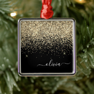 Gold Black Girly Glitter Sparkle Monogram Naam Metalen Ornament