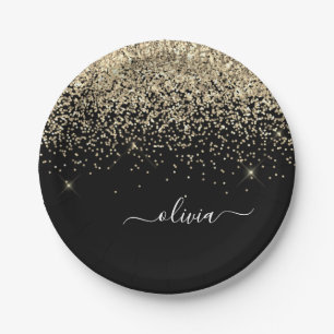 Gold Black Girly Glitter Sparkle Monogram Naam Papieren Bordje