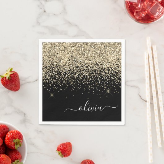 Gold Black Girly Glitter Sparkle Monogram Naam Servet (Insitu)