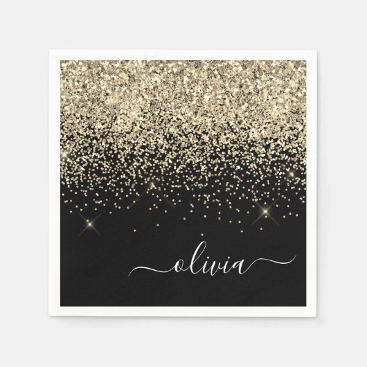 Gold Black Girly Glitter Sparkle Monogram Naam Servet (Voorkant)