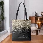 Gold Black Girly Glitter Sparkle Monogram Naam Tote Bag<br><div class="desc">Black and Gold Faux Sparkle en Glitter Elegant Monogram Book Bag. Deze Book Bag kan worden aangepast om uw initiaal en voornaam op te nemen en wordt gegeven als cadeau voor Kerstmis,  Sweet 16 Birthday,  Vrijgezellenfeest of een bruiloft.</div>