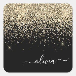 Gold Black Girly Glitter Sparkle Monogram Naam Vierkante Sticker