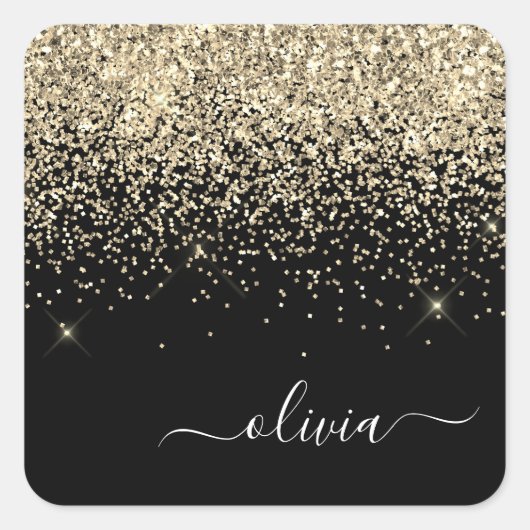 Gold Black Girly Glitter Sparkle Monogram Naam Vierkante Sticker (Voorkant)