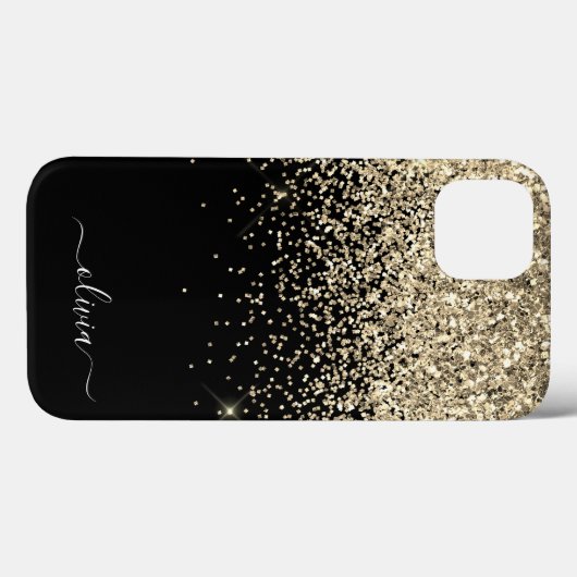 Gold Black Girly Glitter Sparkle Monogram Name Cas Case-Mate iPhone Case (Achterkant (horizontaal))