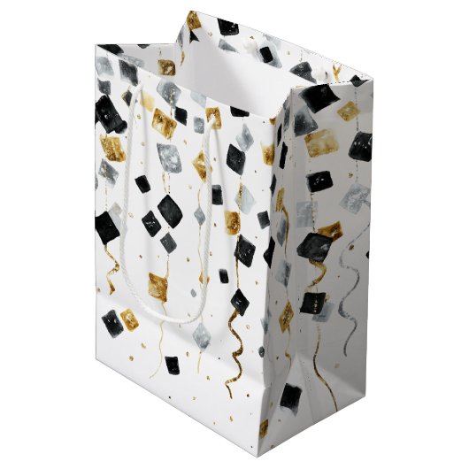 Gold Black Glam Confetti Christmas Medium Cadeauzakje (Voorkant Gekanteld)