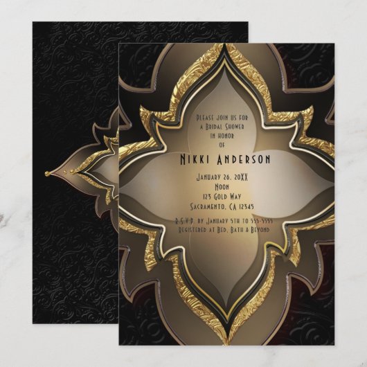 Gold Black Glam Exotic Flower Party-uitnodigingen Kaart (Voorkant / Achterkant)