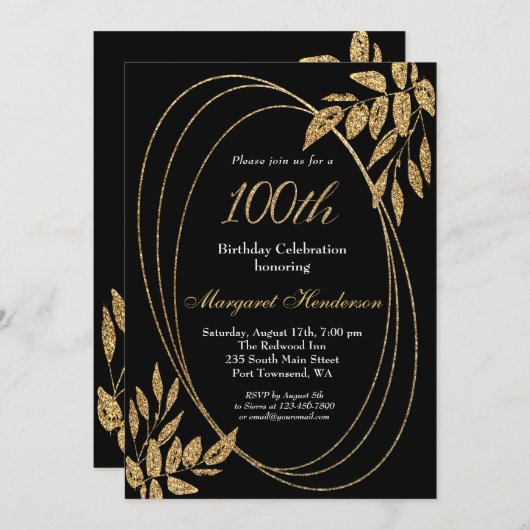 Gold Black Glitter 100th Birthday Celebration Kaart (Voorkant / Achterkant)