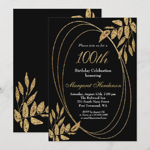 Gold Black Glitter 100th Birthday Celebration Kaart