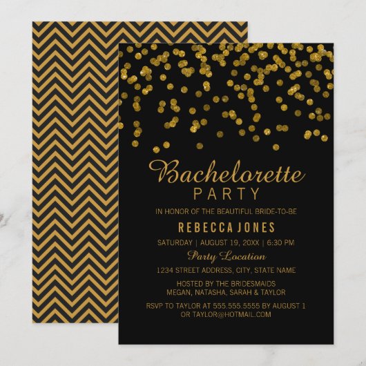 Gold Black Glitter confetti Bachelorette Party Kaart (Voorkant / Achterkant)