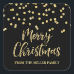 Gold Black Glitter Confetti Merry Christmas Custom Vierkante Sticker<br><div class="desc">Merry Christmas aangepaste naam stickers in feestelijke gouden glitter effect confetti patroon met zwarte achtergrond.</div>