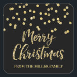 Gold Black Glitter Confetti Merry Christmas Custom Vierkante Sticker<br><div class="desc">Merry Christmas aangepaste naam stickers in feestelijke gouden glitter effect confetti patroon met zwarte achtergrond.</div>