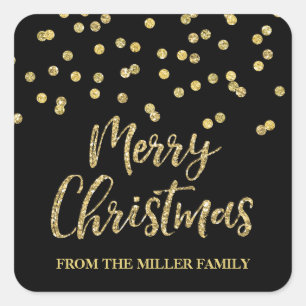 Gold Black Glitter Confetti Merry Christmas Custom Vierkante Sticker