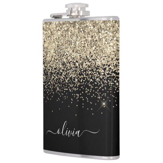 Gold Black Glitter Custom Monogram Name Heupfles (Links)