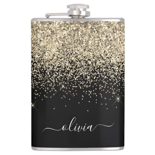 Gold Black Glitter Custom Monogram Name Heupfles (Voorkant)