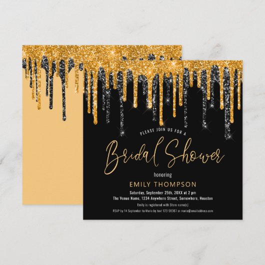Gold Black Glitter Drip Script-Vrijgezellenfeest Kaart (Voorkant / Achterkant)
