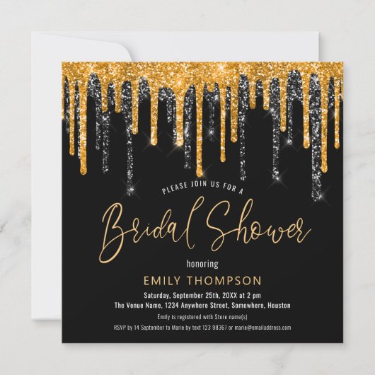 Gold Black Glitter Drip Script-Vrijgezellenfeest Kaart (Voorkant)