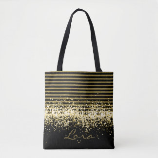 GOLD BLACK GLITTER, GEPERSONALISEERD GROOT TOTE BAG