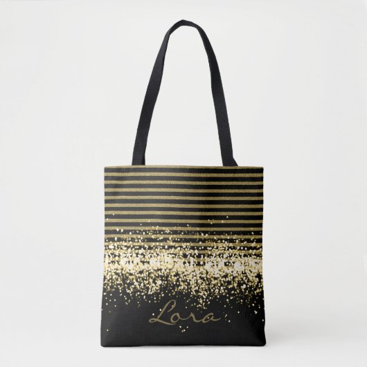 GOLD BLACK GLITTER, GEPERSONALISEERD GROOT TOTE BAG (Voorkant)