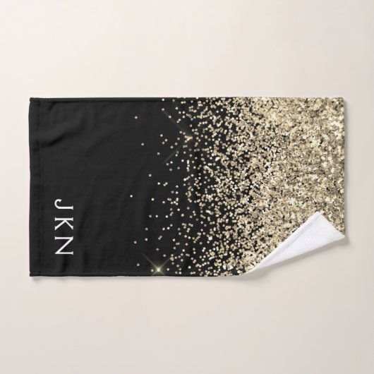 Gold Black Glitter Girly Monogram Initialen Handdoek (Handdoek)