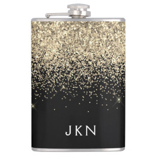 Gold Black Glitter Girly Monogram Initialen Heupfles