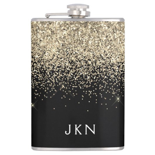 Gold Black Glitter Girly Monogram Initialen Heupfles (Voorkant)