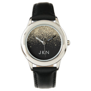 Gold Black Glitter Girly Monogram Initialen Horloge