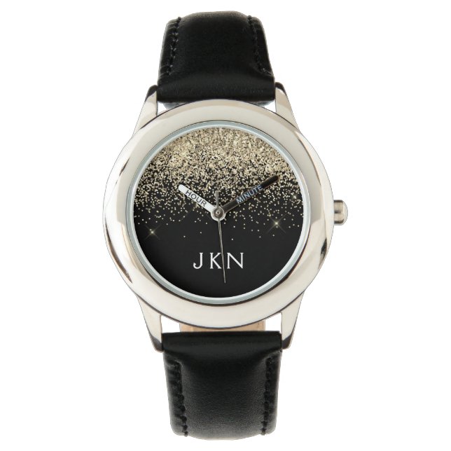 Gold Black Glitter Girly Monogram Initialen Horloge (Voorkant)