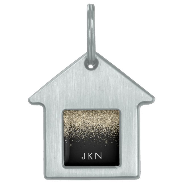 Gold Black Glitter Girly Monogram Initialen Huisdieren Naamplaatje (Voorkant)