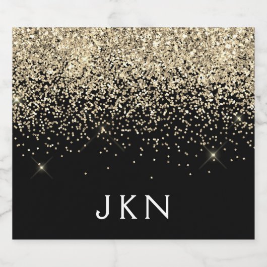 Gold Black Glitter Girly Monogram Initialen Likeurfles Etiket (Enkel label)