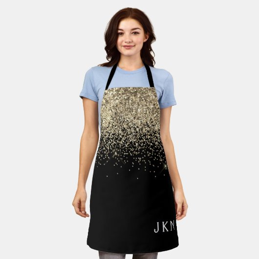 Gold Black Glitter Girly Monogram Initialen Schort (Gedragen)