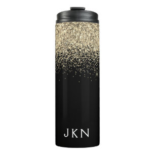 Gold Black Glitter Girly Monogram Initialen Thermosbeker