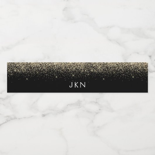 Gold Black Glitter Girly Monogram Initialen Waterfles Etiket (Enkel label)