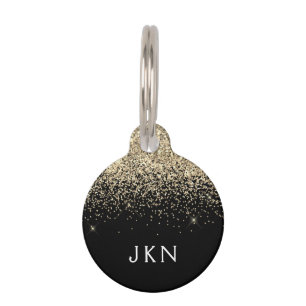 Gold Black Glitter Girly Name Initiaal Monogram Huisdierpenning